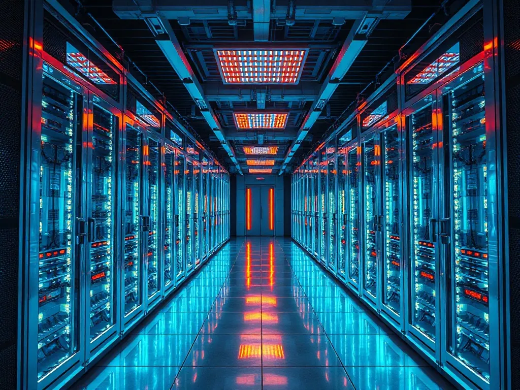 High-tech server room with glowing lights, metallic surfaces