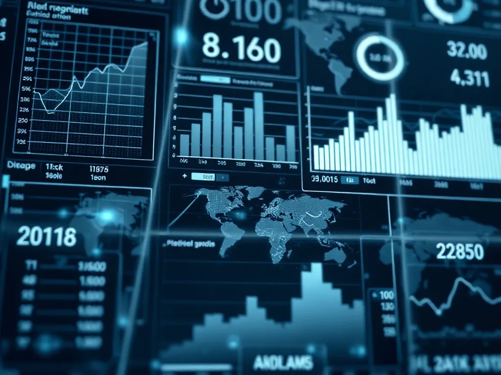 A high-tech digital interface showing complex data charts, g